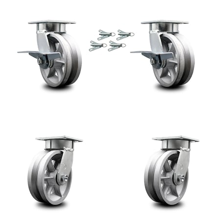 Service Caster 6 Inch Kingpinless V Groove Semi Steel Wheel Caster Swivel Locks 2 Brakes, 4PK SCC-KP30S620-VGR-SLB-BSL-2-BSL-2